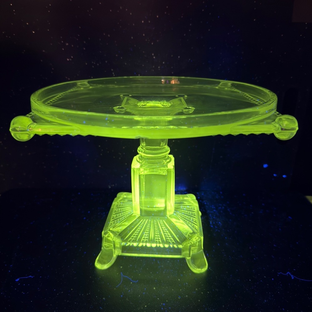 Antique Adams & Co Manganese Glow Glass Cake Stand 8in Tall 10in Wide Clear EAPG